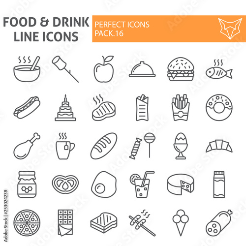 Food and drink line icon set, meal symbols collection, vector sketches, logo illustrations, eating signs linear pictograms package isolated on white background.