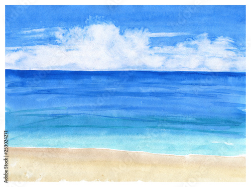 Watercolor seascape background. Sea view with sand beach