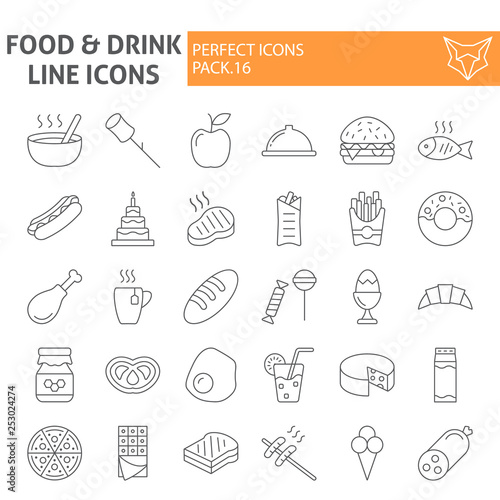 Food and drink thin line icon set  meal symbols collection  vector sketches  logo illustrations  eating signs linear pictograms package isolated on white background.