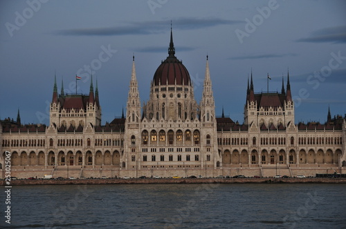 Sunset of National Assembly in Budapest, Hungary.
