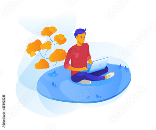 Young man outdoor with laptop vector illustration