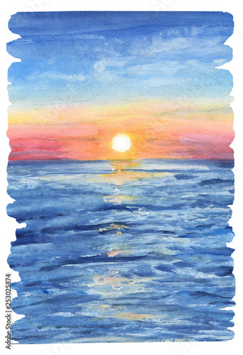 Watercolor painting the background of sea sunset view with jagged edges and brush marks. © Irina Violet