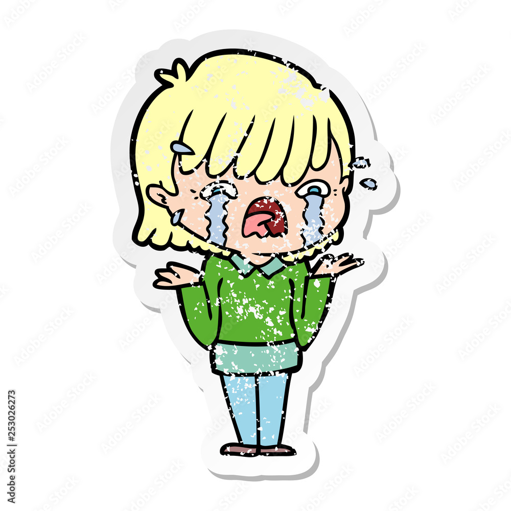 Fototapeta premium distressed sticker of a cartoon girl crying