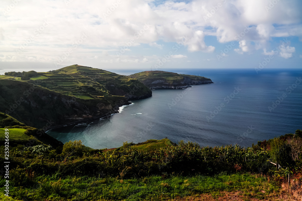 Fototapeta premium Panorama view to coastlani of Sao Miguel island from Santa Iria viewpoint. Azores. Portugal