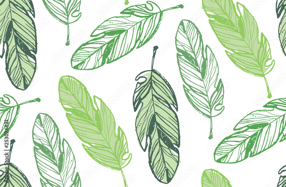 Hand drawn doodle tropical leaf pattern background