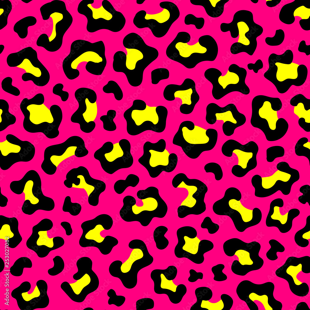 Leopard fur texture seamless pattern. Bright pink and yellow exotic animal design. Vector illustration background. Leopard fur texture seamless pattern. Bright pink and yellow exotic animal design. Vector illustration background.