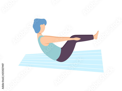 Young Man in Boat Pose, Guy Practicing Yoga, Physical Workout Training Vector Illustration