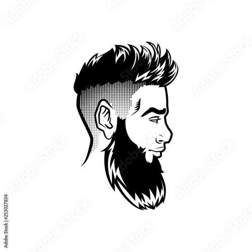 Vector bearded men face profile hipster head with haircuts, mustaches and beards. For Silhouettes or avatars, emblems and icons, labels