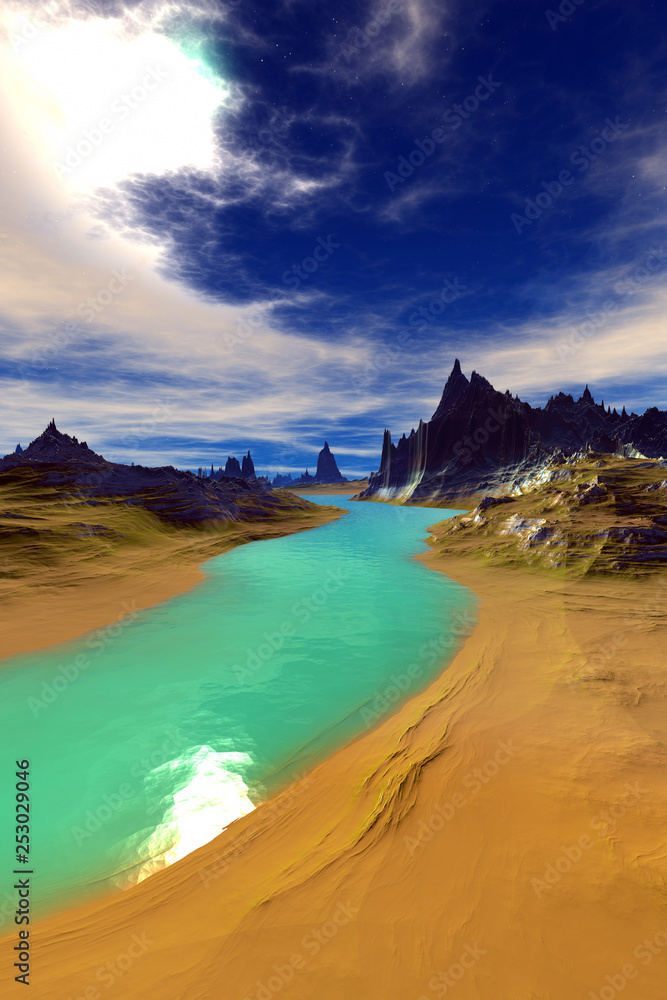 Alien Planet. Mountain and  water. 3D rendering