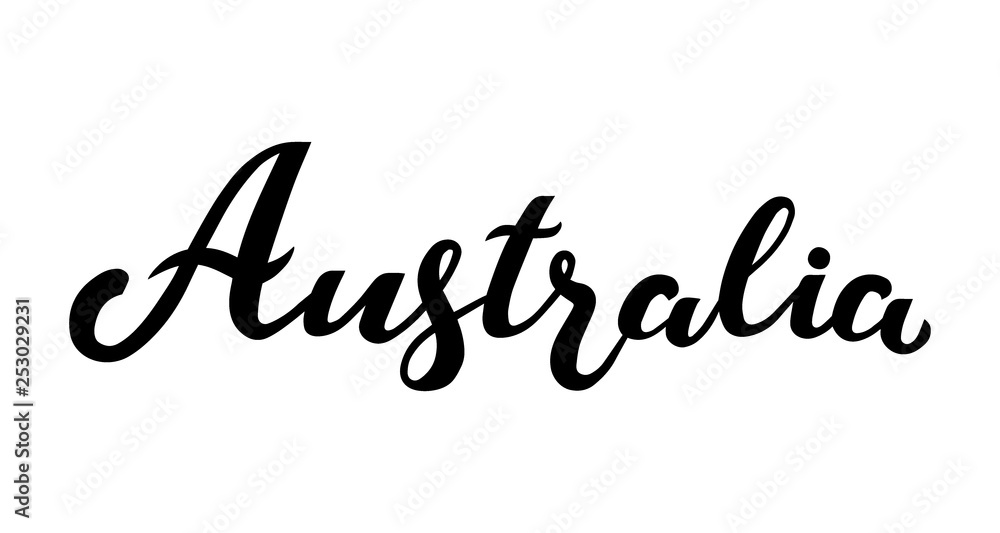 Handwritten inscription Australia. Hand drawn lettering. Calligraphic element for your design. Vector illustration, black and white.