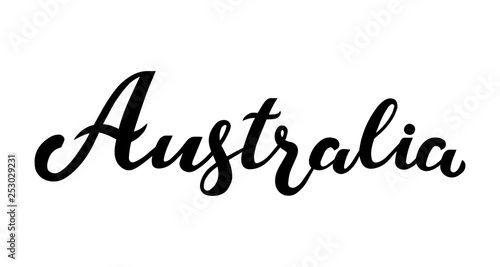 Handwritten inscription Australia. Hand drawn lettering. Calligraphic element for your design. Vector illustration, black and white.