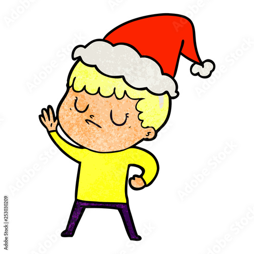 textured cartoon of a grumpy boy wearing santa hat