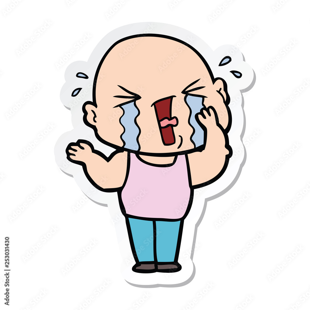 sticker of a cartoon crying bald man sticker of a cartoon crying bald man