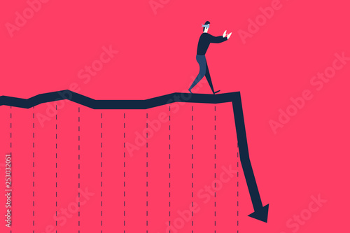 A blindfolded businessman walking on falling graph.
