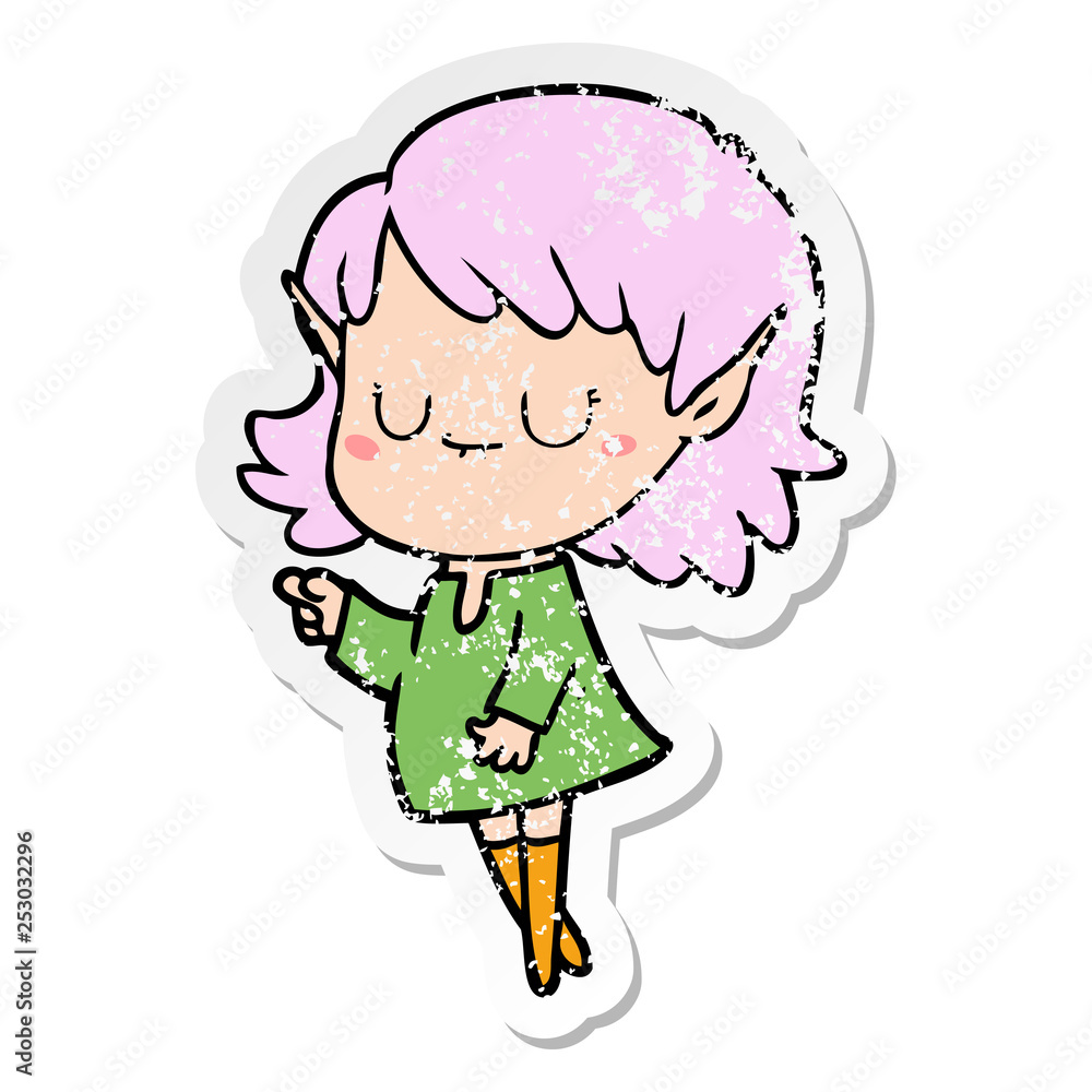 distressed sticker of a happy cartoon elf girl distressed sticker of a happy cartoon elf girl
