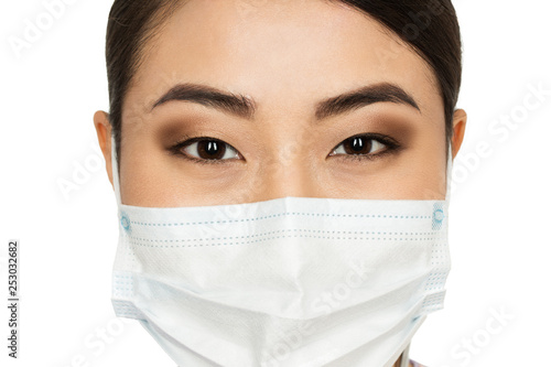 Look of confidence. Cropped closeup of an Asian female doctor wearing surgical mask against white background
