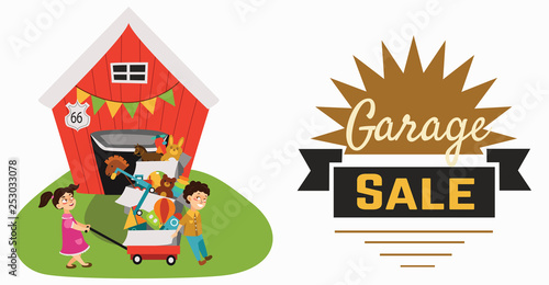 Garage Sale, Boy and girl bought toys at spring sale, children carry cart with boxes used toy, kids sell old used toys, second hand plaything vector illustration