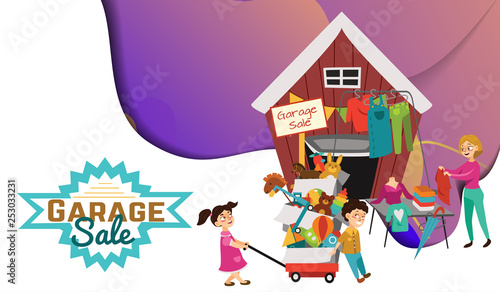 Garage Sale, Sellers sell old goods low price clearing house spring, Woman sell used clothes and shoes, Children bought boxed second hand toys vector illustration
