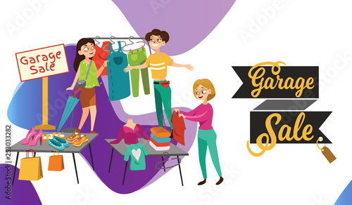 Garage Sale Young beautiful women at the weekly cloth market, girls choose clothes at the sale of used items, seller and buyer in market outdoor, shopping vector illustration