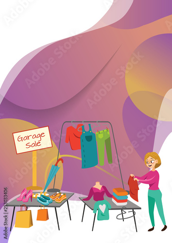 Garage Sale Young beautiful women at the weekly cloth market, girls choose clothes at the sale of used items, buyer in market outdoor, shopping vector illustration