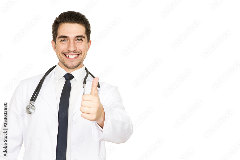 Health rocks! Studio portrait of a handsome cheerful male doctor smiling happily showing thumbs up copyspace on the side Health rocks! Studio portrait of a handsome cheerful male doctor smiling happily showing thumbs up copyspace on the side