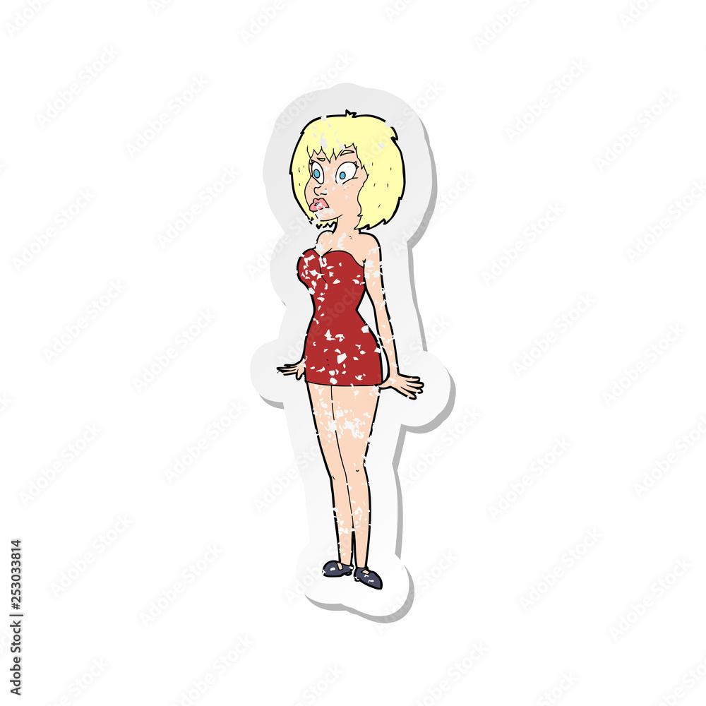 retro distressed sticker of a cartoon surprised woman in short dress retro distressed sticker of a cartoon surprised woman in short dress