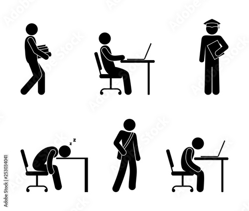 college student, stick figure icon set people, university graduate pictogram