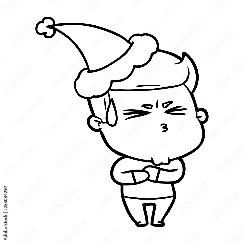 line drawing of a frustrated man wearing santa hat