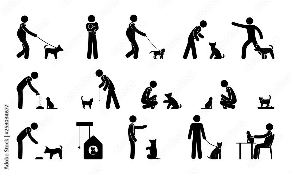Obraz premium pet icon, man pictogram with dog, cat, animal care and training illustration