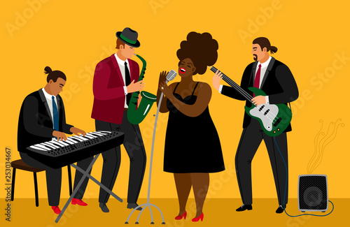 Jazz band vector illustration. Musician team and singer characters on bright yellow background