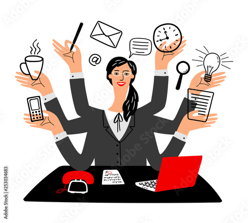 Secretary vector icon. Cartoon secretaries girl, busy happy working office businesswoman with laptop computer, multi tasks office manager