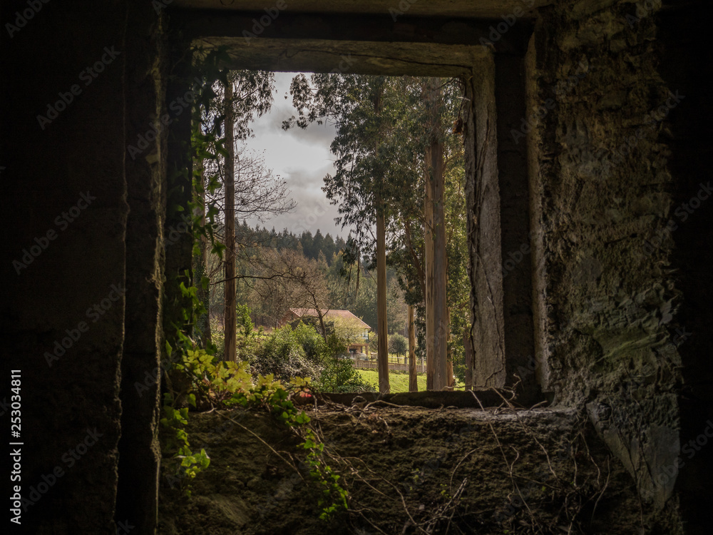 Beautiful landscape through a ruin window