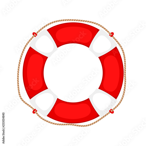 Lifebuoy on white. Life preserver rubber safety ring with rope, round lifesaver isolated, protect support insurance security equipment, vector illustration photo