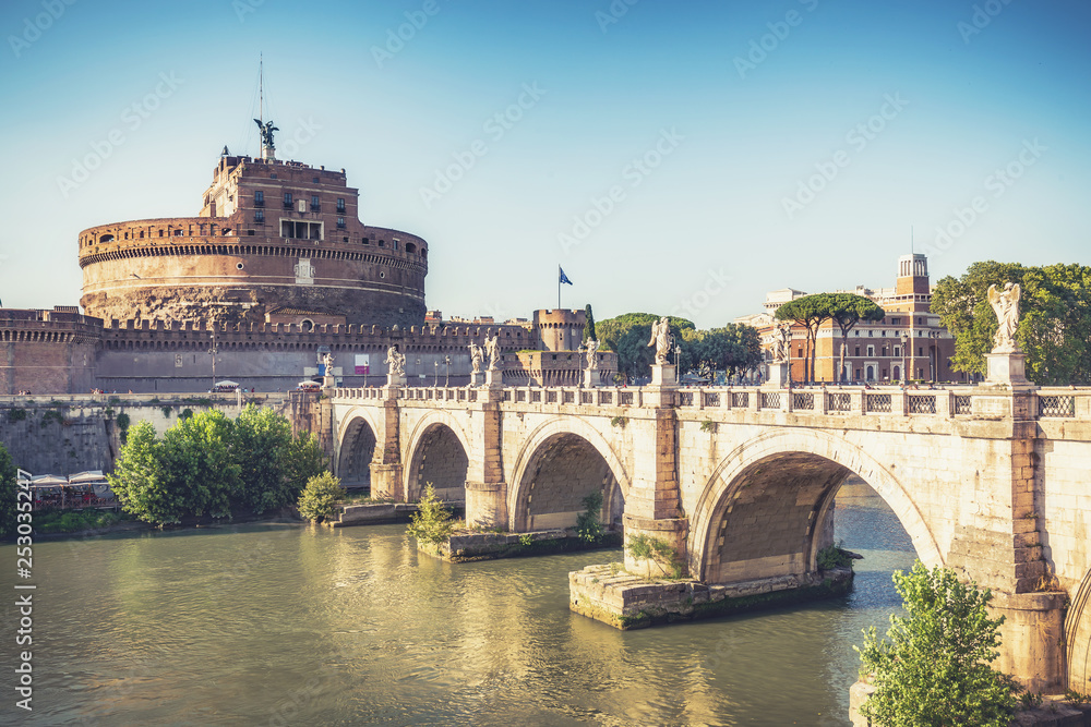 View on Castel St. Angelo in Rome, Italy. Daytime skyline. Scenic travel background.