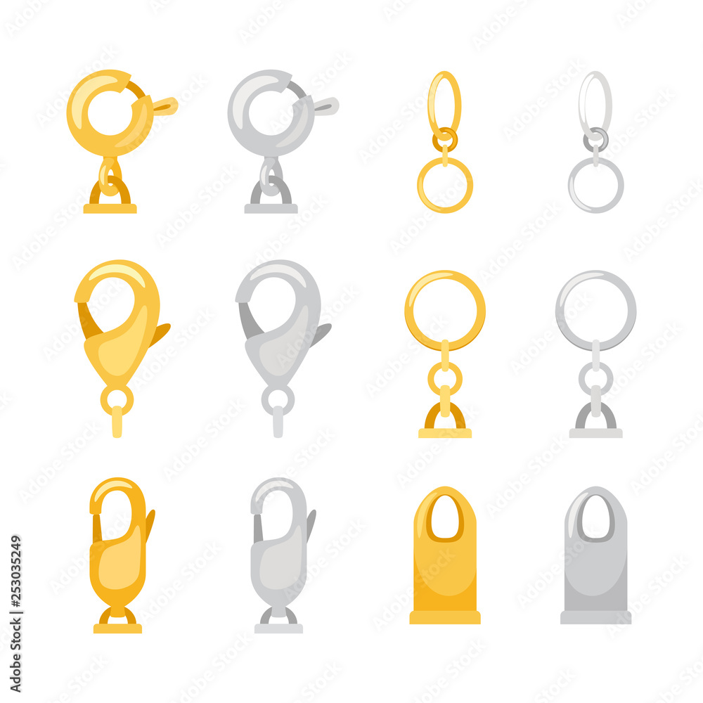 Carabiner clasps. Metal clips and claws clasp set, vector technical hook for bag or carbine snap for climber rope equipment isolated Carabiner clasps. Metal clips and claws clasp set, vector technical hook for bag or carbine snap for climber rope equipment isolated