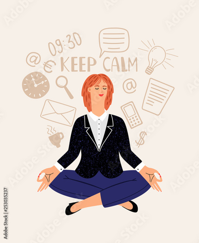 Woman office meditation. Cartoon young businesswoman relaxing meditates, beautiful corporate girl meditating in relax lotus yoga pose, vector illustration