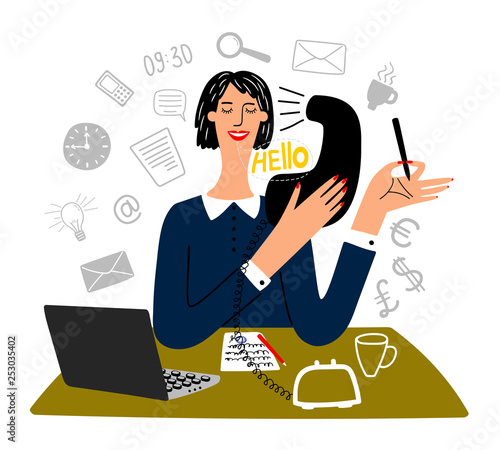 Secretary working. Happy working office female secretary business creative tasks, finance officer or professional office manager, vector illustration