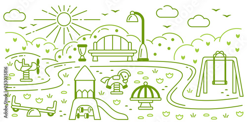 Concept of banner with playground equipment and nature elements. Outline style vector illustration
