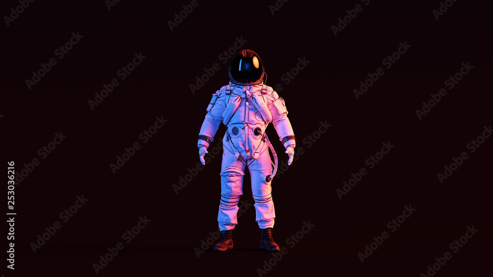 Astronaut Advanced Crew Escape Suit with Black Visor and White Spacesuit with Pink and Blue Moody 80s lighting Front 3d illustration 3d render Astronaut Advanced Crew Escape Suit with Black Visor and White Spacesuit with Pink and Blue Moody 80s lighting Front 3d illustration 3d render