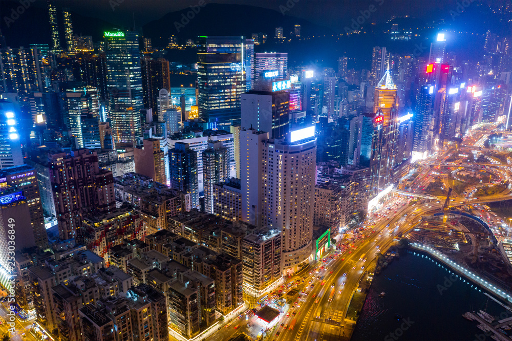 Top view of Hong Kong commerical district at night