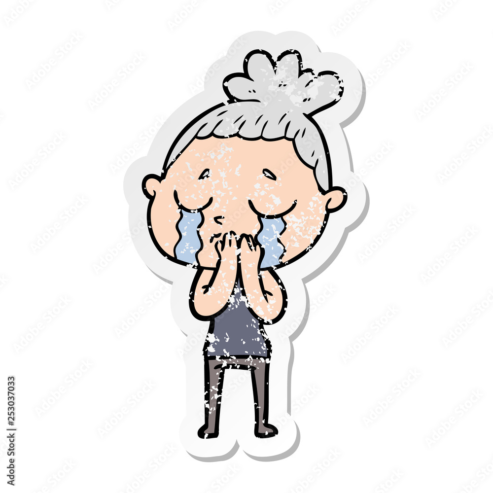 distressed sticker of a cartoon crying woman distressed sticker of a cartoon crying woman