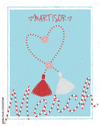 Martisor hello spring march  postcard with handmade  pom-pom celebrating elements and lettering 