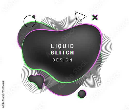 Cover background with abstract liquid shape with glitch and blurry design. Black gradient fluid blob with dynamic wavy lines, circle, triangle. Overlap geometric composition for flyer or banner, logo