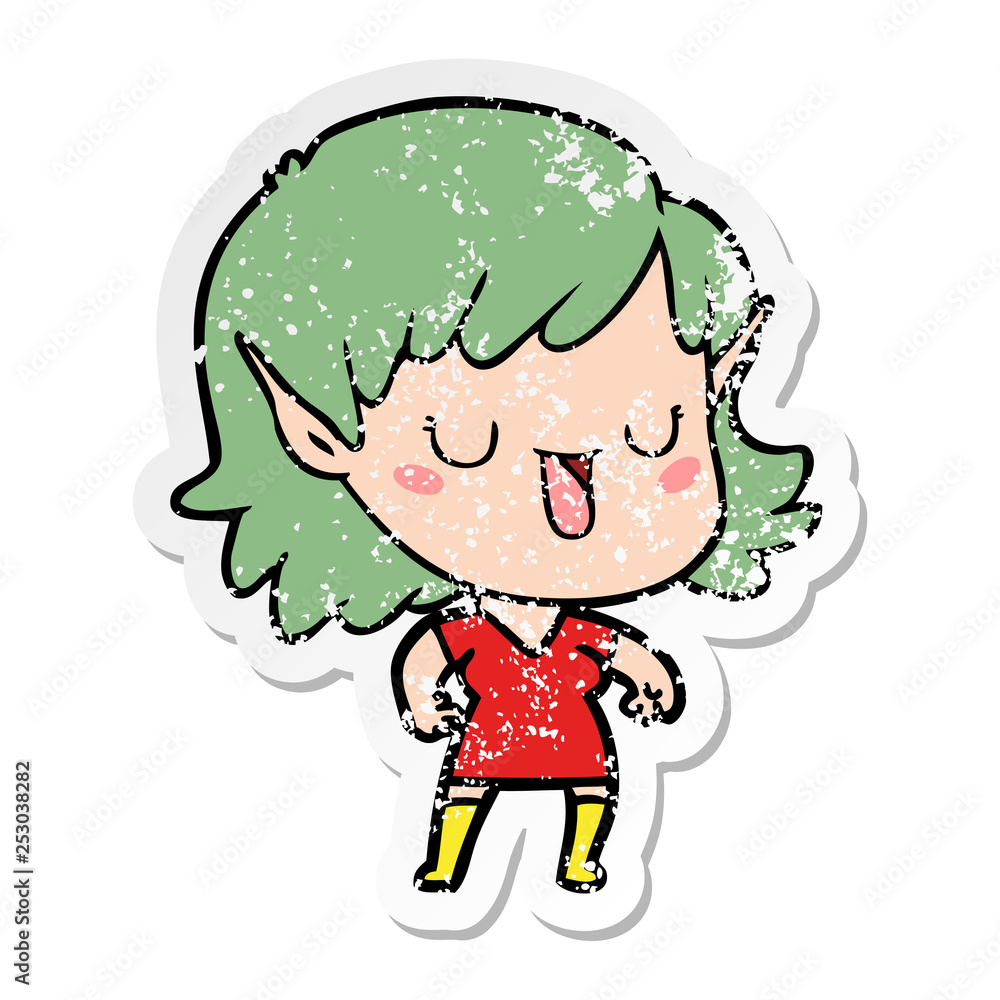 distressed sticker of a cartoon elf girl distressed sticker of a cartoon elf girl