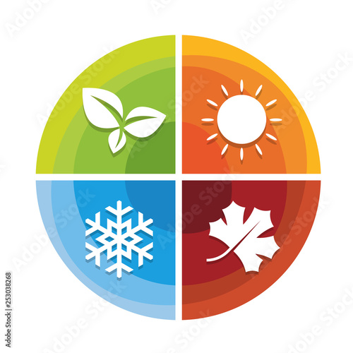4 season icon in circle diagram chart  with leaf spring  , sun summer , snow winter and Maple leaf autumn vector design