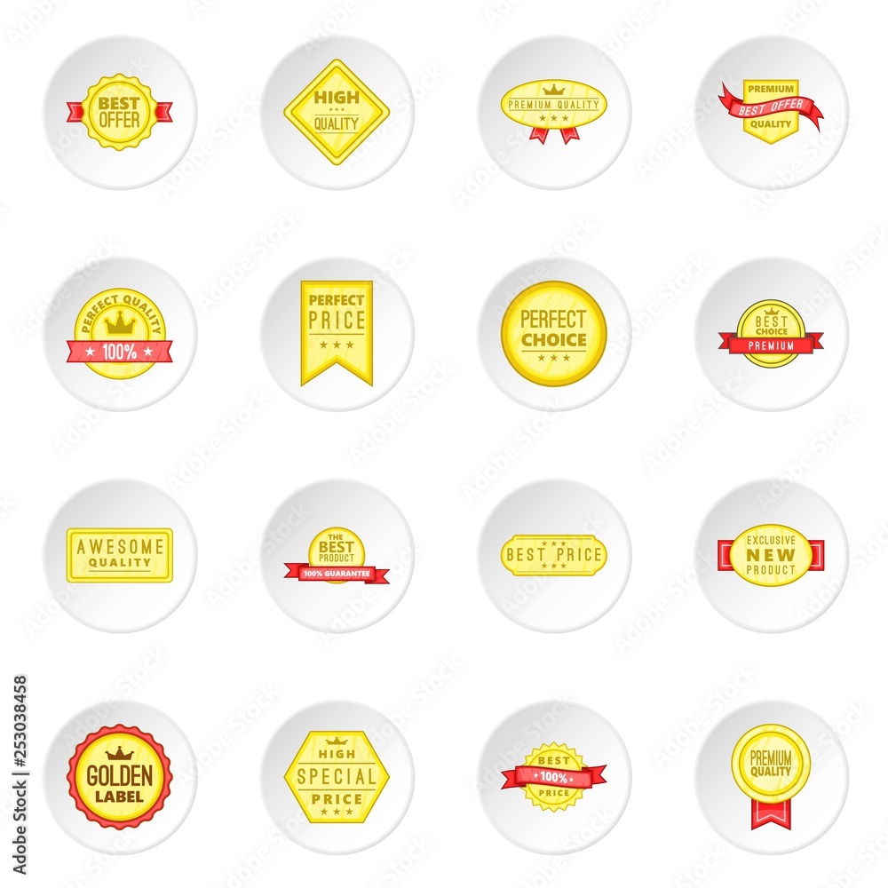 Retail label icons set in white circle isolated on white background. Cartoon vector illustration