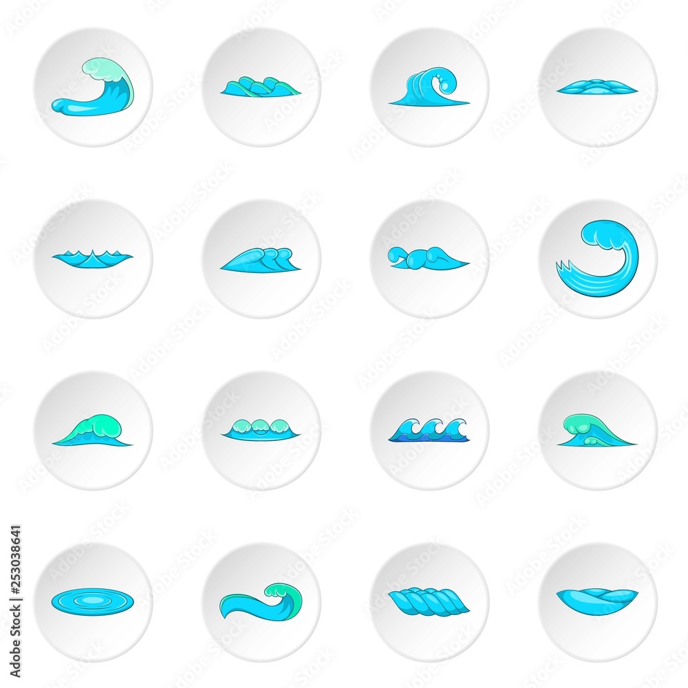 Waves icons set. Cartoon illustration of 16 waves vector icons for web