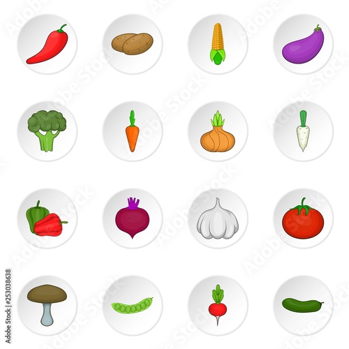 Vegetables icons set. Cartoon illustration of 16 vegetables vector icons for web