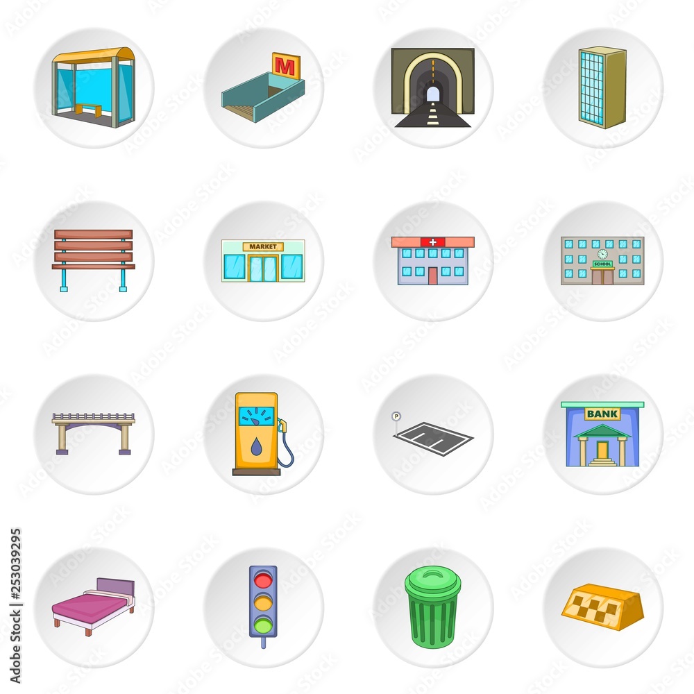 City infrastructure icons set. Cartoon illustration of 16 city infrastructure vector icons for web City infrastructure icons set. Cartoon illustration of 16 city infrastructure vector icons for web