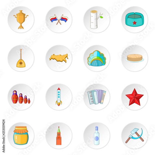 Russia icons set. Cartoon illustration of 16 Russia travel items vector icons for web